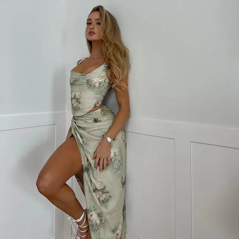 Aiertu Sexy summer suit Rose printed cultivate one's morality fashion suits Condole belt vest Tall waist sexy open fork skirt Aiertu