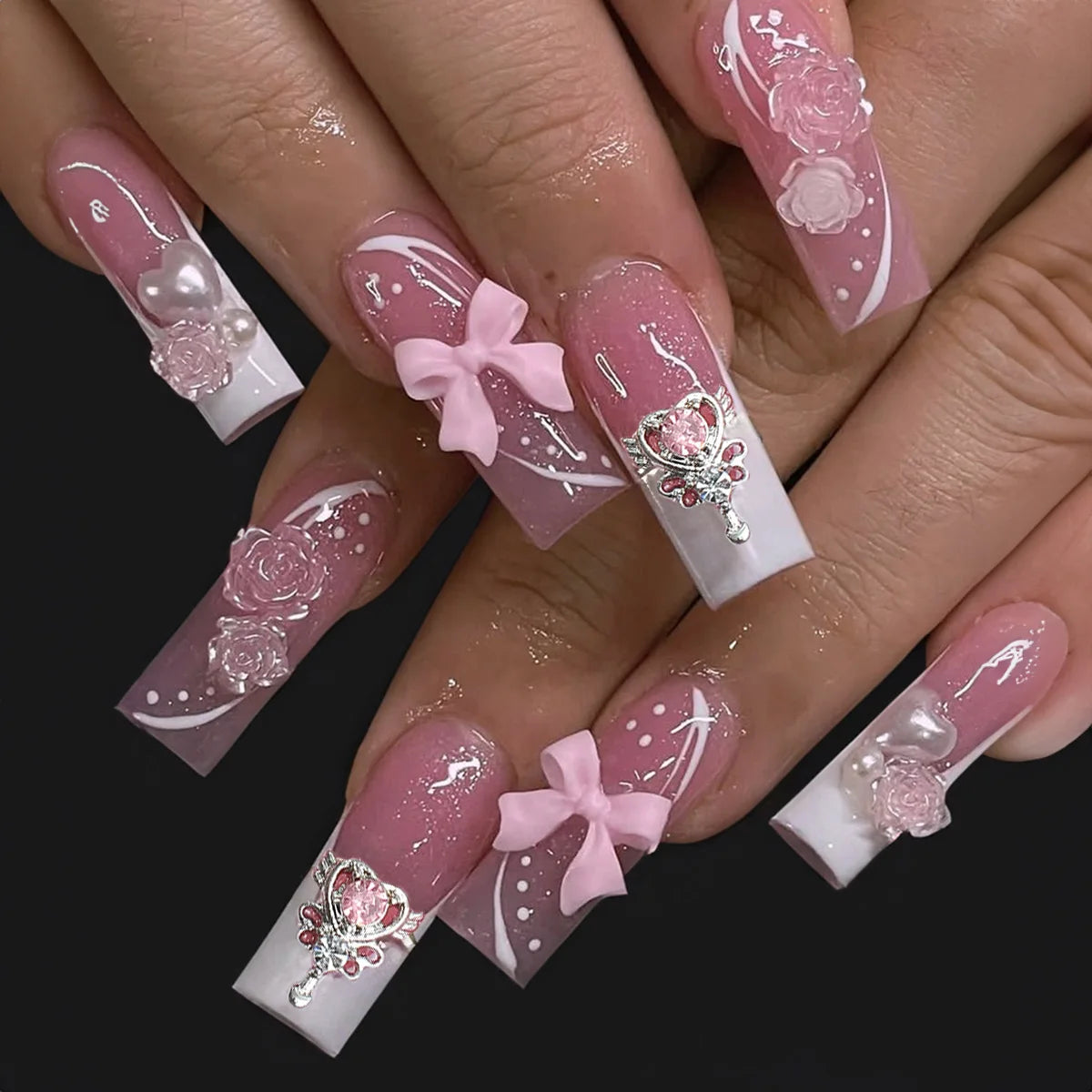 Aiertu 24Pcs Long Ballet False Nails with Bow Designs Pink Coffin Press on Nails Wearable French Fake Nail Full Cover Manicure Tips Aiertu