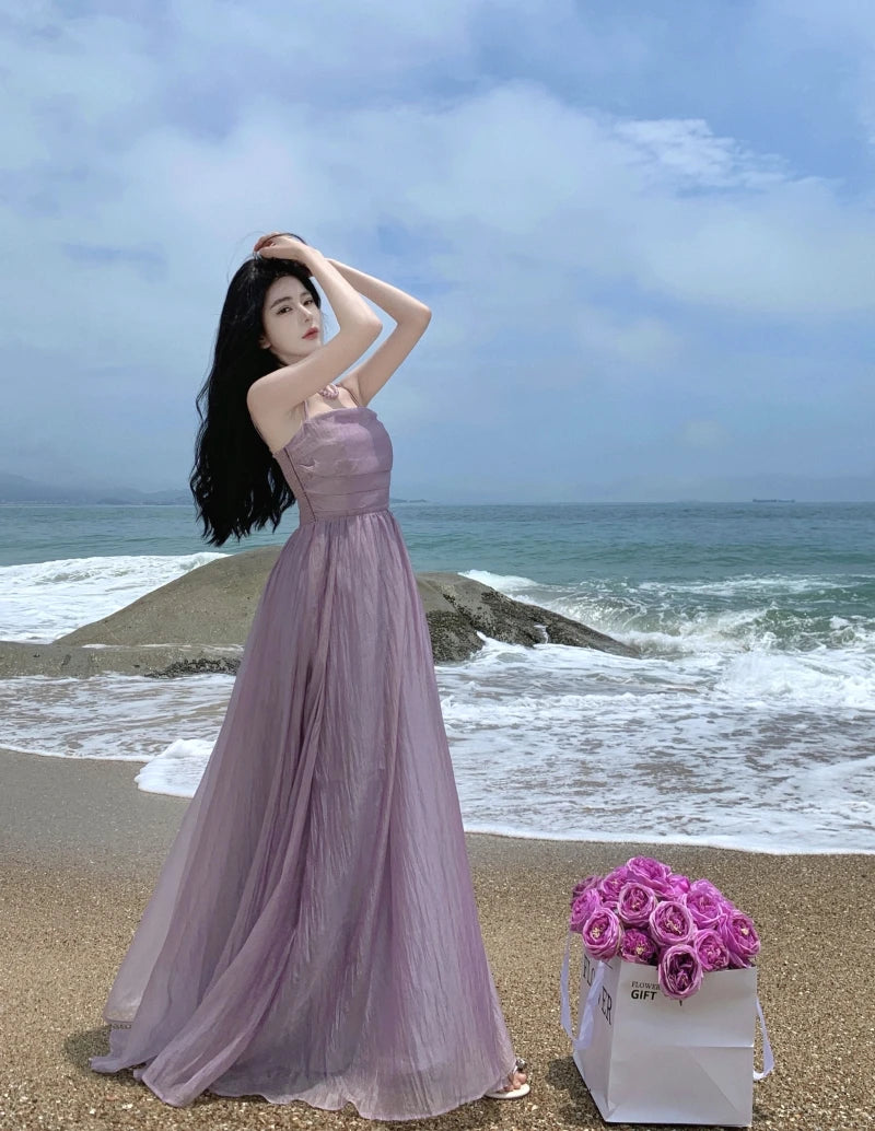 Aiertu Summer Purple Fairy Evening Party Long Dress Women Vintage Sexy Dresses Ladies Spaghetti Strap Tulle Pleated Dress Backless New Aiertu