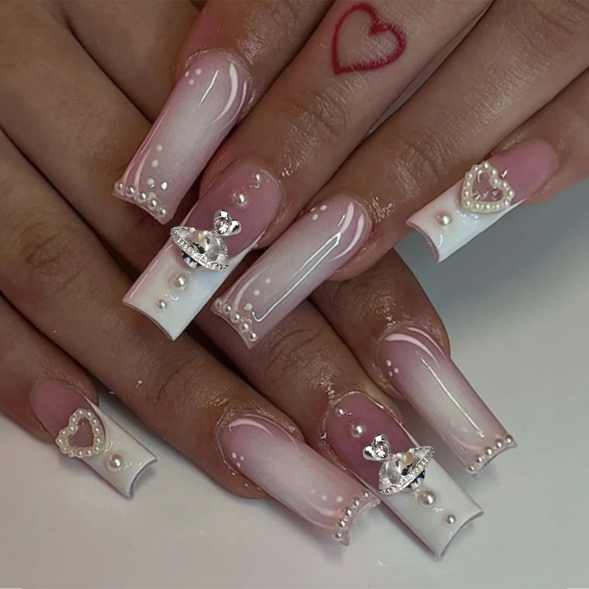 Aiertu 24Pcs Long Ballet False Nails with Bow Designs Pink Coffin Press on Nails Wearable French Fake Nail Full Cover Manicure Tips Aiertu