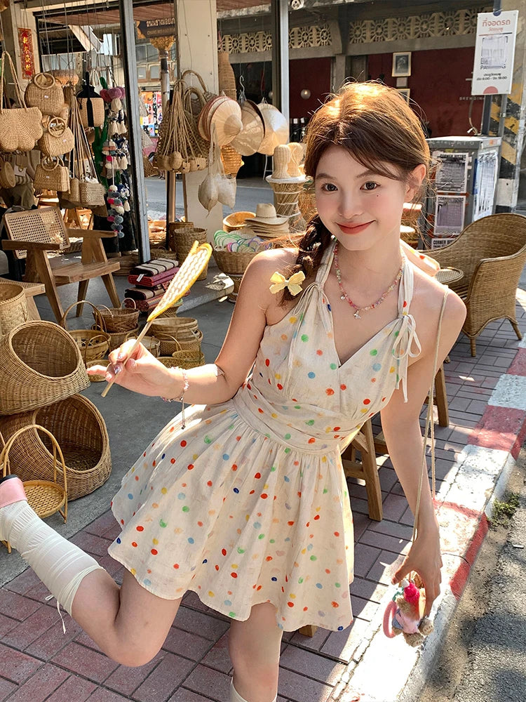 Aiertu 2024 Summer Sweet Y2k Mini Dress Women Casual Sleeveless Dot Short Party Dress Beach Style One Piece Dress Korean Fashion Chic Aiertu