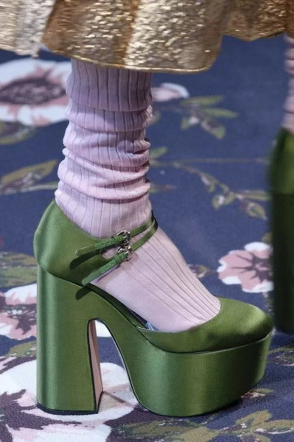 AIERTU  -  Elegant Lady Wedding Shoes Retro Green Satin Platform Round-Toe Chunky Heels Shoes Gold Buckle Double Ankle Straps Design Aiertu