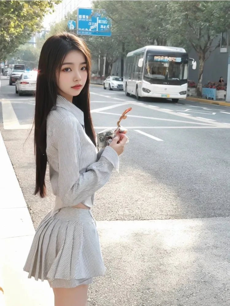 Aiertu Sweet Hot Girls Sexy Preppy Style Suit Women's Spring/Autumn Irregular Long-sleeved Short Shirt Pleated Mini Skirt Two-piece Set Aiertu