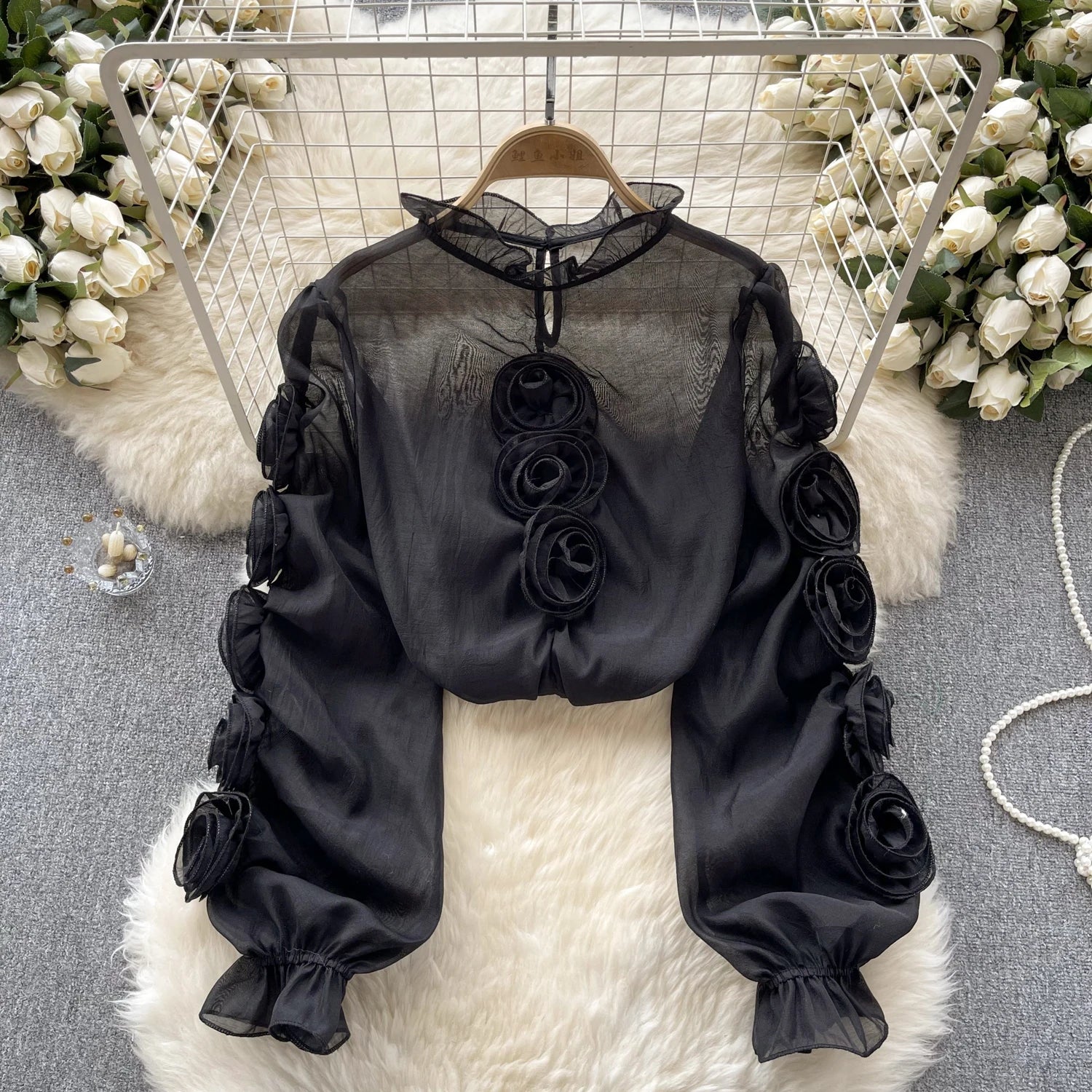 Aiertu  High Quality Organza Women Blouse Ruffles Neck Long Sleeves Loose Sweet Top Korean Style 3D Floral Sheer Shirt Aiertu