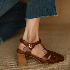 Aiertu Summer Sandals Female Retro Sandals Buckle Strap Womens Pumps Cowhide Ladies Shoes Spring Autumn Gladiator Sandal Roman Style Aiertu