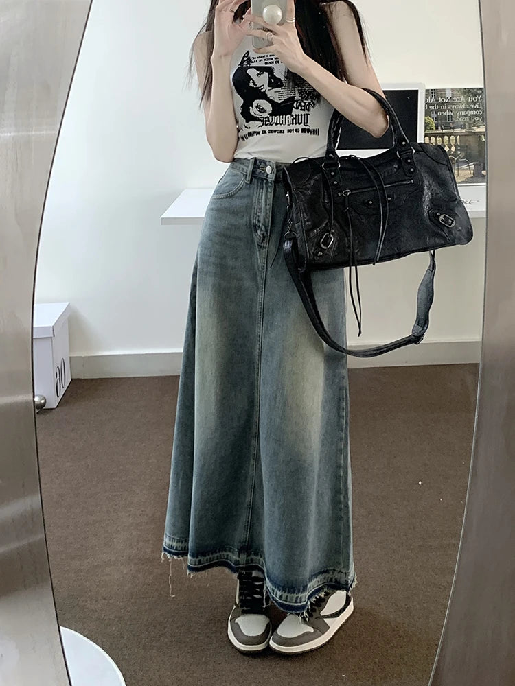 Aiertu Y2k Raw Edge Stitch Maxi Denim Skirt Plain Casual High Waist Long Jeans Skirt Korean Retro Women Streetwear Aiertu