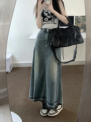 Aiertu Y2k Raw Edge Stitch Maxi Denim Skirt Plain Casual High Waist Long Jeans Skirt Korean Retro Women Streetwear Aiertu
