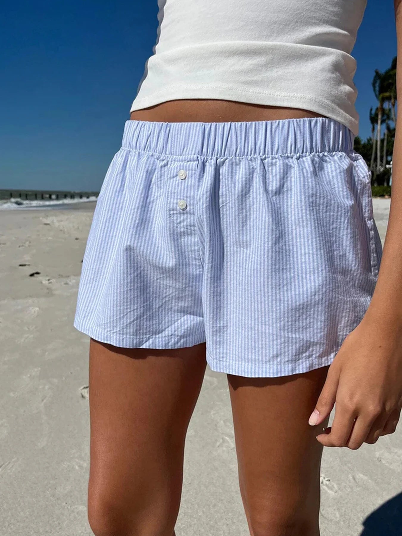 Aiertu Casual Loose Stripe Button Details Summer Shorts Women Vacation Beach Outfits Aiertu