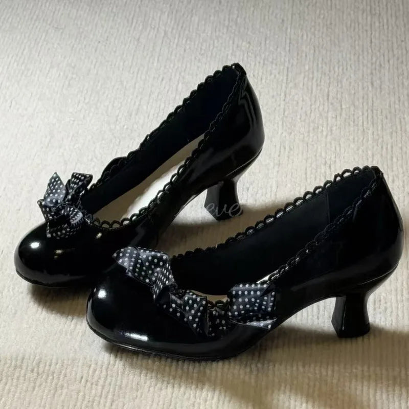AIERTU  -  Riband Bow Round Toe Kitten Heel Mary Jane Shoes Women Pumps Sweet Chunky-Heel Dress Shoes Spring Vintage Lolita Shoes Aiertu