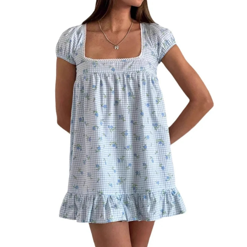 AIERTU  -  Summer Fashion Floral Print Puff Sleeves Square Collar Casual Dress for Women Aiertu