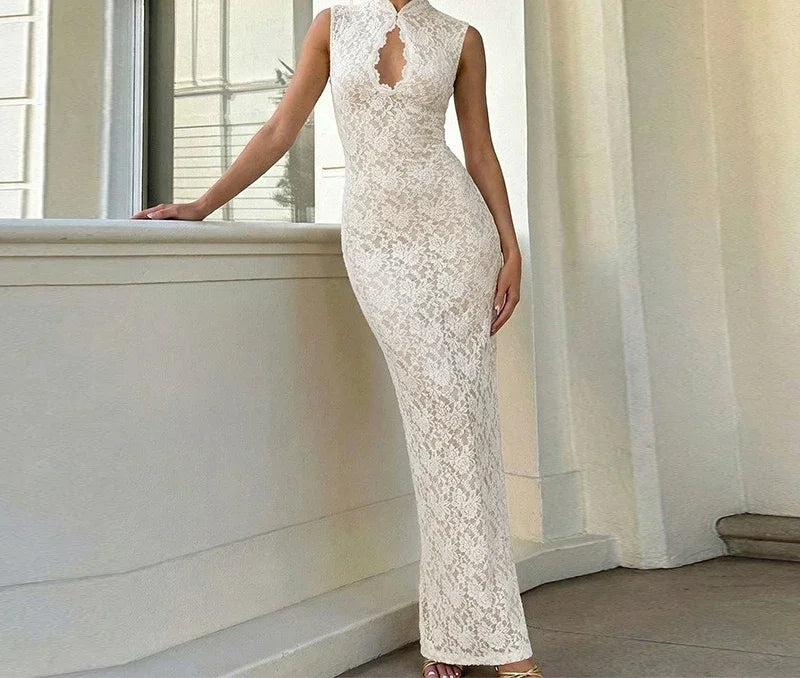 AIERTU  -  Hollow Lace Sleeveless Dress New Sexy Slim Fit Hip-hugging Slit Skirt Aiertu