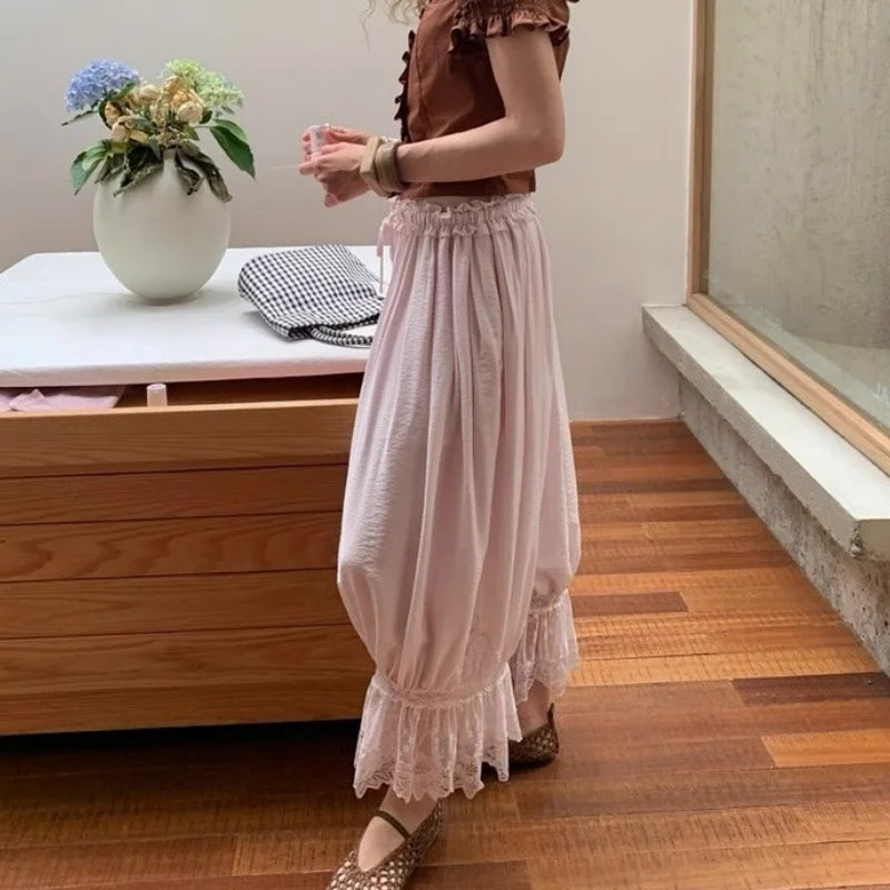 AIERTU  -  Women 2000s Fairycore Boho Lace Trim Hem Bloomers Solid Elastic Mid Rise Ruffle Cropped Flared Slips Pants Bottoms Streetwear Aiertu