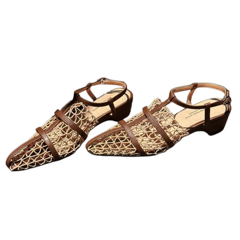 AIERTU  -  Summer New Vintage Hollow Woven Low Heel Sandals Women Elegant Pointed Toe Block Heel Strap Casual Shoes Aiertu