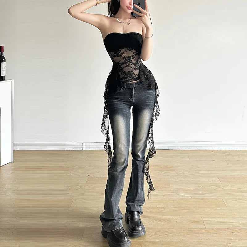 Aiertu 2024 Summer Harajuku Y2k Aesthetic Black Tanks Korean Sexy Lace Cropped Vest Tops Women Streetwear Backless Grunge Camisoles Aiertu