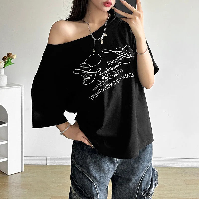AIERTU  -  Women T-shirt Slanted Neck Loose Letter Print Pattern Solid Color Simple Fashion Daily Leisure Versatile Short Sleeve Top Aiertu