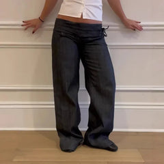 AIERTU  -  Gothic Y2K Style Pleated Design Black Baggy Women's Low Rise Jeans Pants Woman Clothing Wide Leg Drawstring Long Trousers Aiertu
