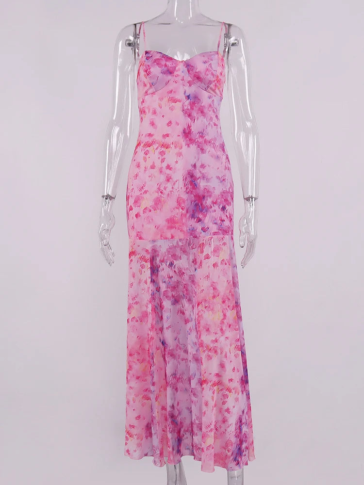 Aiertu  Sweet Floral Camisole Long Dress For Women Summer Print Empire Bodycon Vestido Beach Holiday Elegant Mesh Robes Female Aiertu