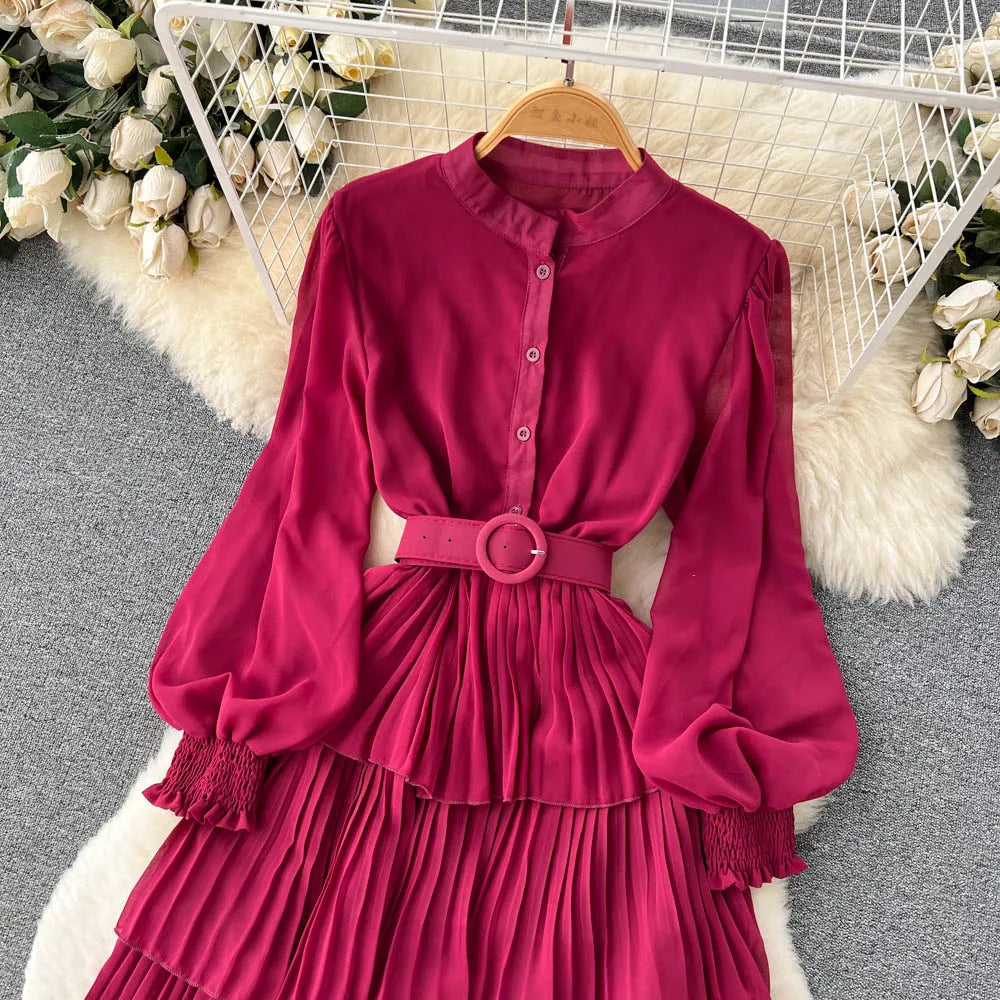 Aiertu Spring French Style Chiffon Long Dress 2023 Long Sleeve Single Breasted Fashion Belt Women A-Line Elegant Party Dress Aiertu