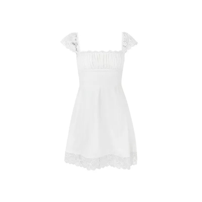 AIERTU  -  Lace Square Collar U Neck Mini Dress Skirt Straps Suspenders Slim Aline Backless White French Sweet Dress Summer Sleeveless Aiertu