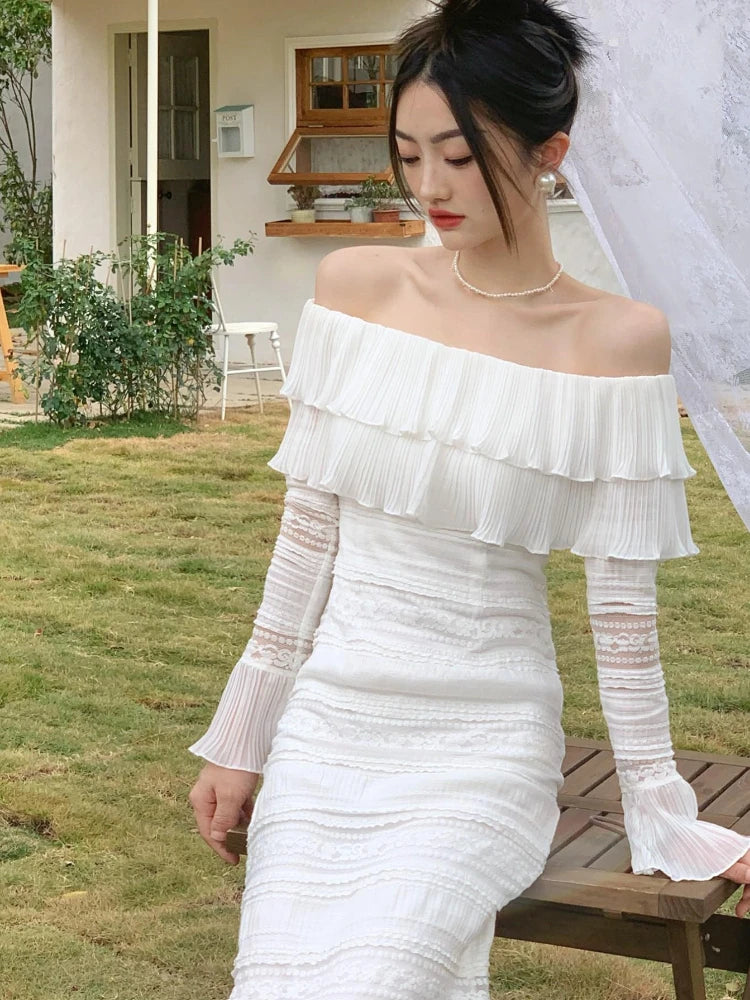 Aiertu White Elegant Vintage Midi Dress Women Ruffles Sexy Beach Party Bodycon Dress Female Silm One Piece Dress Korean Summer Y2k Aiertu