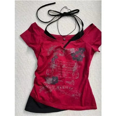 Aiertu Summer Fake Two Pieces Halter Bandage Vintage T-shirts Y2k Aesthetic Slim Crop Tops Women Grunge Print Harajuku Casual Sexy Tee Aiertu