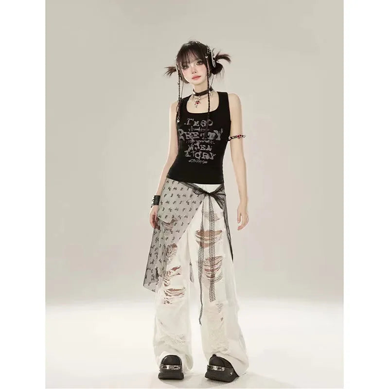 Aiertu Women's White Baggy Ripped Jeans Vintage Cowboy Pants Harajuku Streetwear Oversize Denim Trousers Y2k Trashy 2000s Clothes 2024 Aiertu