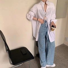 Aiertu Streetwear White Shirts Women Harajuku Oversized Bandage Long Sleeve Blouses Korean Fashion Elegant Casual Chic Tops Spring New Aiertu