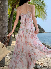 Aiertu Spaghetti Strap Elegant Women Summer Dress Sleeveless Casual Floral Print A-Line Beach Holiday Clothes Female Long Robe Aiertu