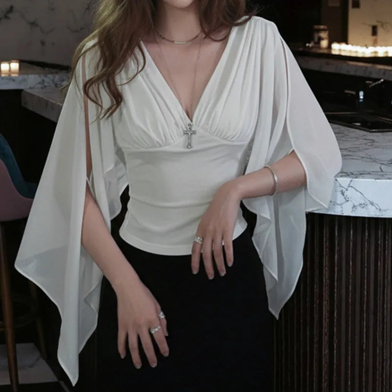 AIERTU  -  Mesh Deep V Neck T Shirt With Ribbon Sleeves Slim Fit Waist Cinching Pleated Top Women Sexy Fashionable Elegant Stylish Summer Aiertu