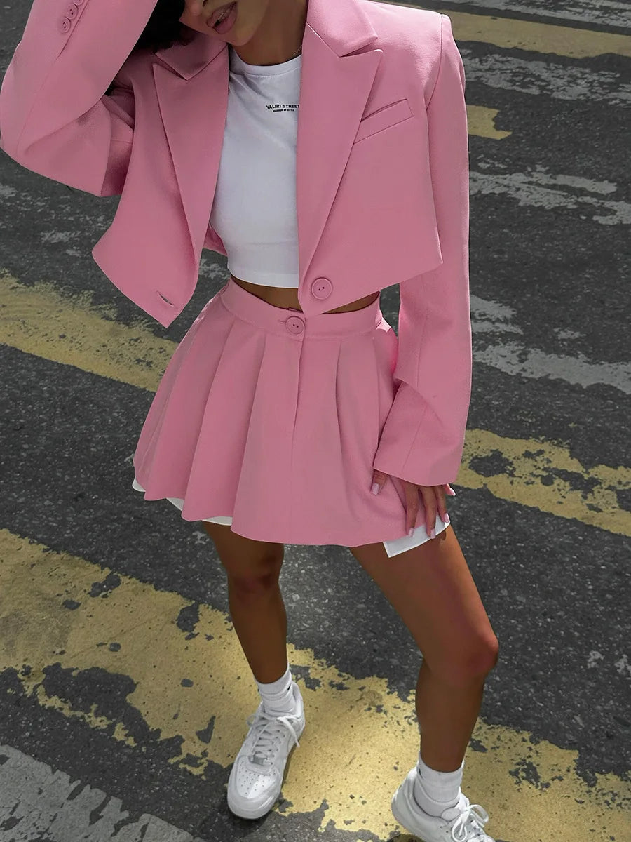 Aiertu Women Stylish Short Blazer Sets Crop Blazer Jackets & Pleated Mini Skirt 2 Pieces Sets Two Piece Sets Women Outifits Aiertu