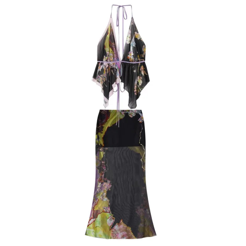 AIERTU  -  Floral Plant Printed Bikini Set Women's Slim-fit Fashion Lace Up Sexy Perspective Backless Holiday Beach Dopamine Style Dress Aiertu