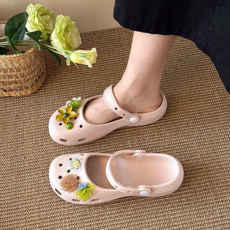 AIERTU  -  Summer Women's Slippers Luxurious Pearl Metal Flower Sparkling Designer Ballet Shoes Girls' Sandals Indoor and Outdoor Soft Aiertu