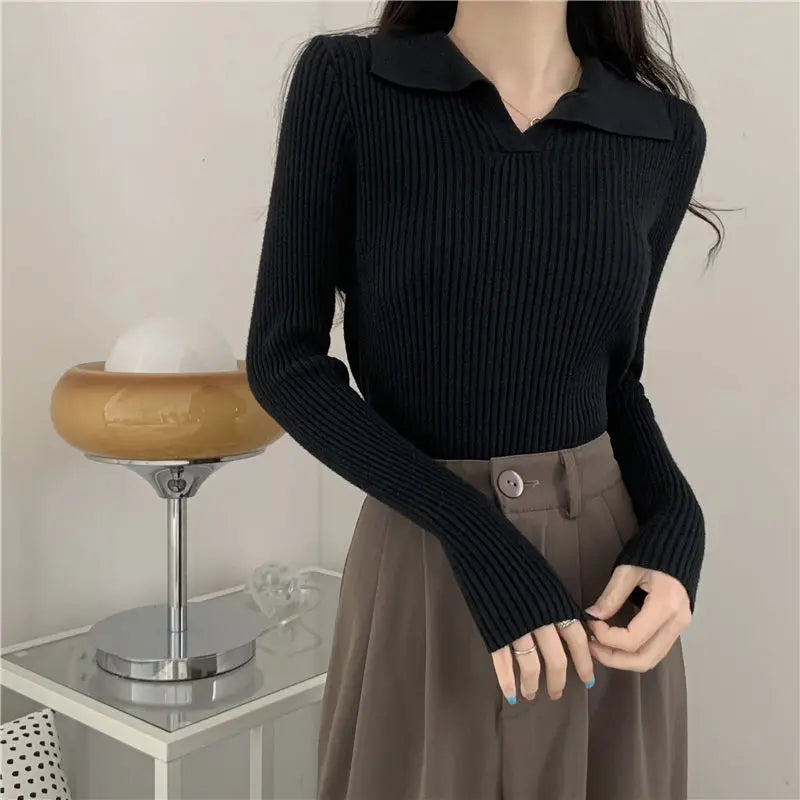 Aiertu FALL OUTFITS Knitted T Shirts For Women Clothes Streetwear High Quality Clothing Womens Polo Neck Tee Shirt Aesthetic Hot Top Vintage Striped aiertu