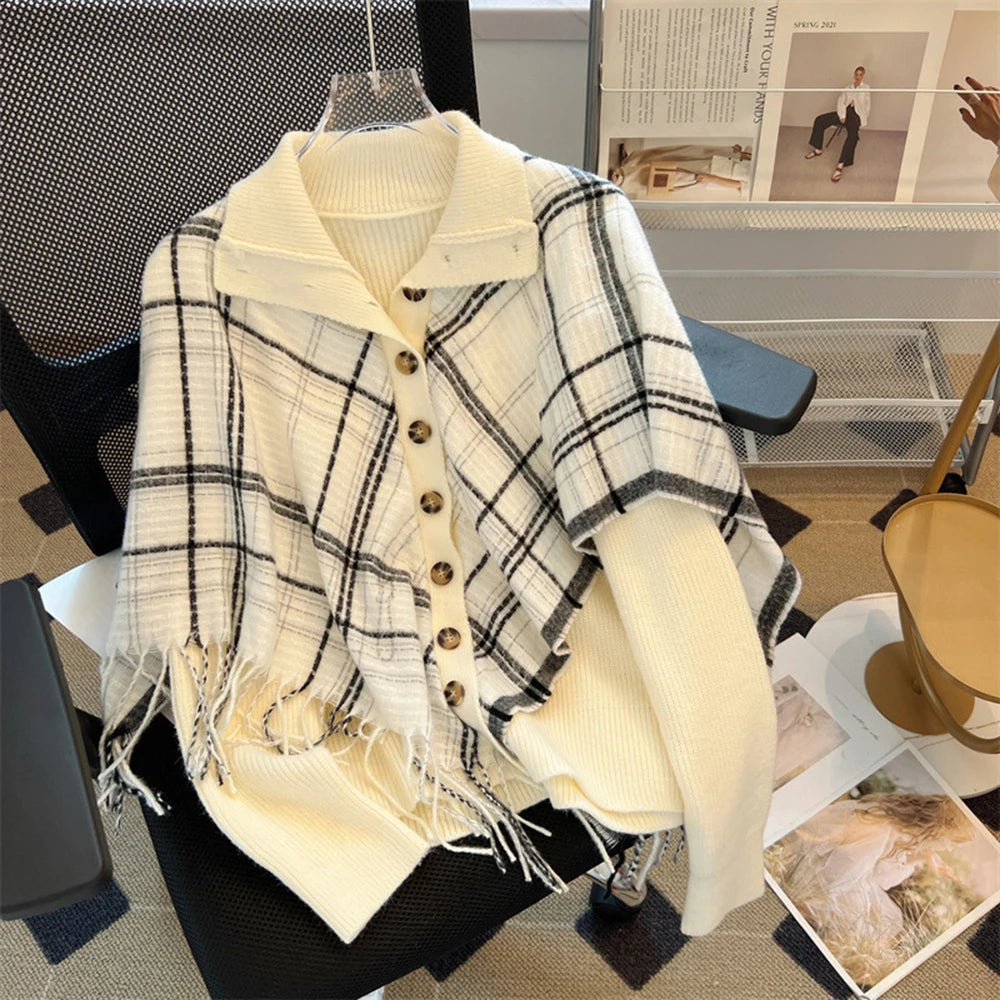 AIERTU  -  Checkered Tassel Shawl Fake 2Piece Knitted Cardigan Women's Autumn Winter New Lapel Thickened Sweater Trendy Casual Tops Aiertu