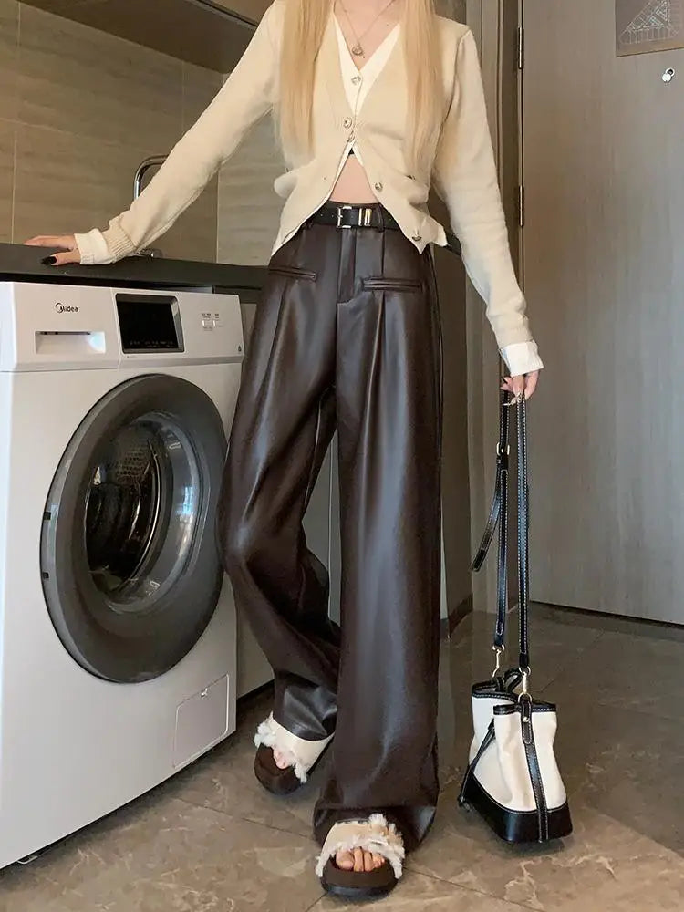 New White Casual Fashion Female Pu Wide Leg Pants Winter Black Office Lady Loose High Waist Simple Women Brown Leather Trousers Aiertu