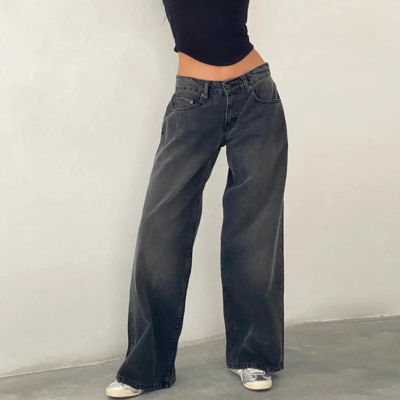 AIERTU  -  Women Y2K Low Rise Baggy Jeans Retro Aesthetic Loose Fit Boyfriend Straight Wide Leg Jeans Trendy Stretch Long Denim Pants Aiertu