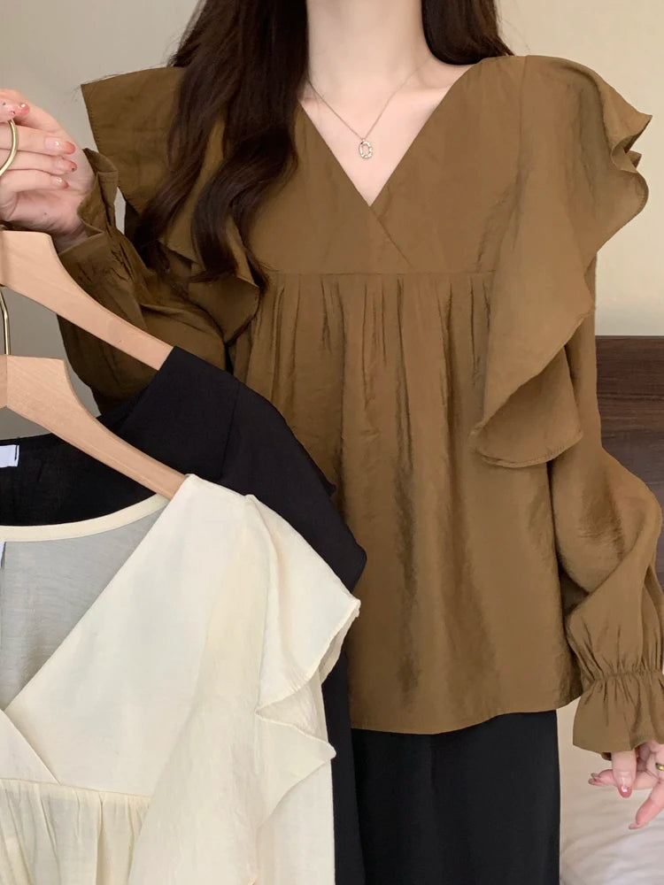 Stylish Flare Sleeve Spliced Ruffles Blouse Female Clothing Autumn New Oversized Casual Pullovers All - match Sweet Shirt Aiertu
