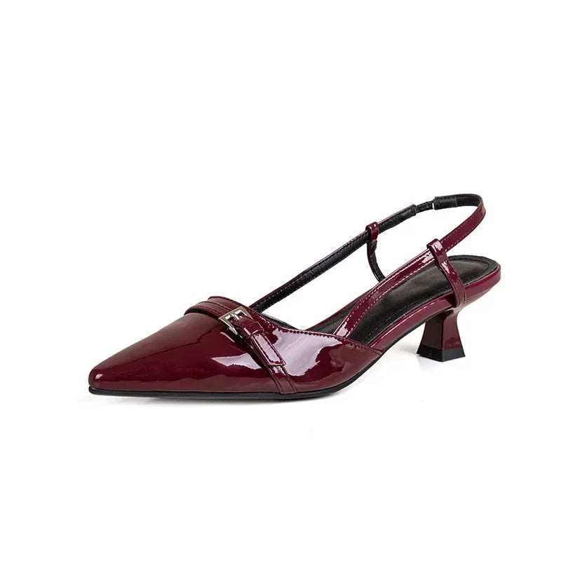 2024 New Summer French Wine Red Pointed Patent Leather Mid-heel Overhead Sandals for Women Retro Skinny Heel Back Empty Shoes Aiertu