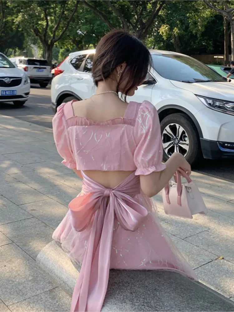 Aiertu Women Sweet Pink Puff Sleeve A-line Mini Dress Female Mesh  Square Collar Holiday Dress Shiny Girl Design Dress Aiertu
