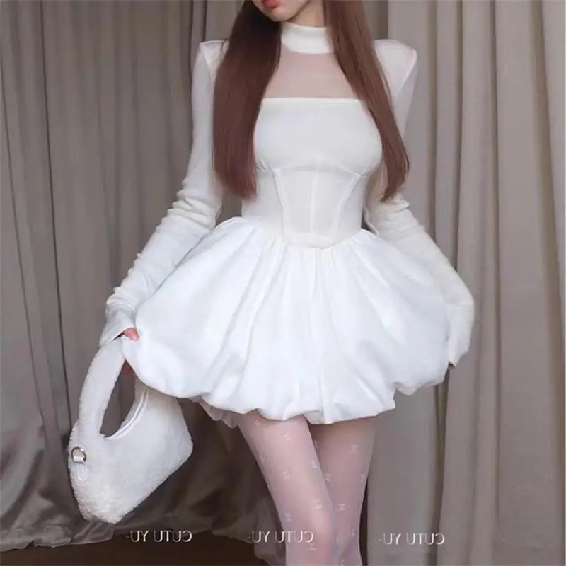 Aiertu DRESS TO IMPRESS Turtleneck Mesh Patchwork Hollow Out Mini Dress Women Sexy Slim Long Sleeve Solid Winter Fashion Chic Party Dresses Ball Gown aiertu
