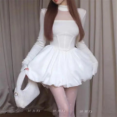 Aiertu DRESS TO IMPRESS Turtleneck Mesh Patchwork Hollow Out Mini Dress Women Sexy Slim Long Sleeve Solid Winter Fashion Chic Party Dresses Ball Gown aiertu