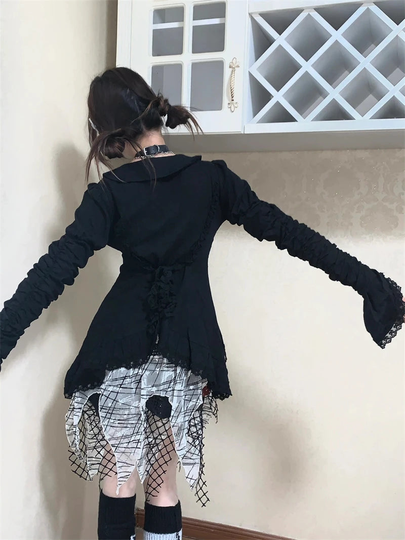 Aiertu V-neck Black Gothic Blouses Women Lace Irregular Long Sleeve Korean Fashion Slim Ladies Shirt Chic Tops Y2k Blousa Aiertu