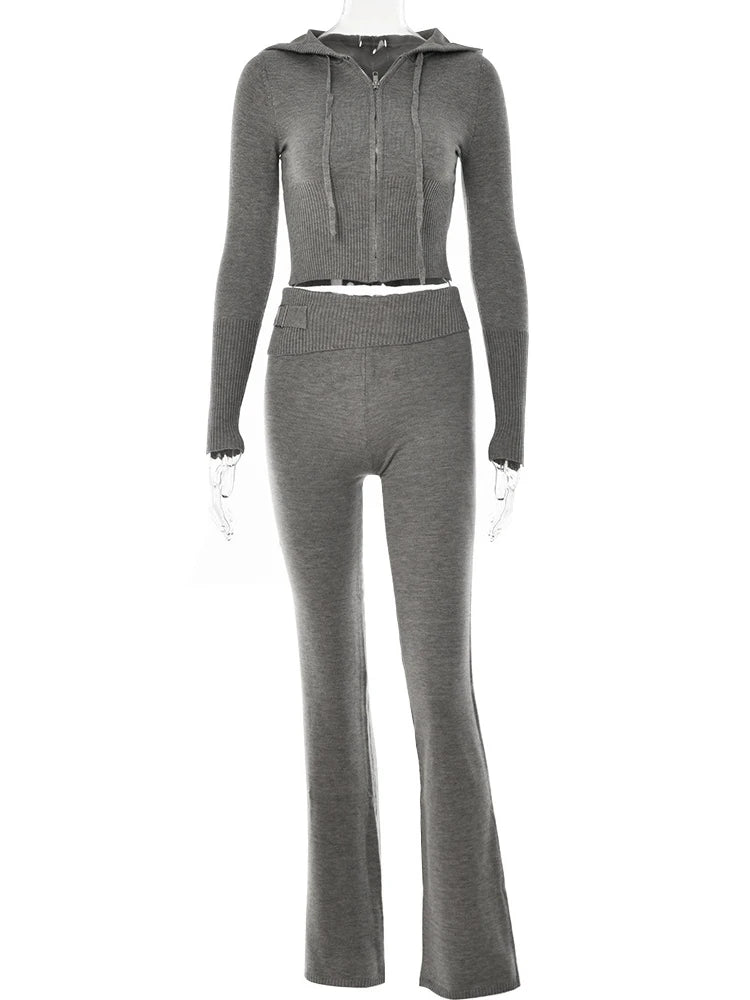 Aiertu Two Piece Sets Women Tracksuit Long Sleeve Zipper Hooded Sweater Skinny Pants Suit Solid Casual Knitted Sweatshirt Set Aiertu