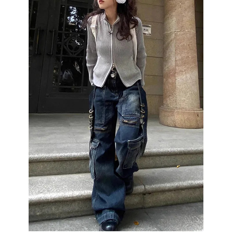Aiertu Women's Casual Baggy Y2K Pants Wide Leg Grunge High Street Pockets Denim Trouser American Vintage High Waist Straight Jeans Aiertu