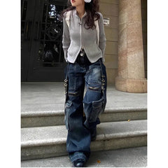 Aiertu Women's Casual Baggy Y2K Pants Wide Leg Grunge High Street Pockets Denim Trouser American Vintage High Waist Straight Jeans Aiertu