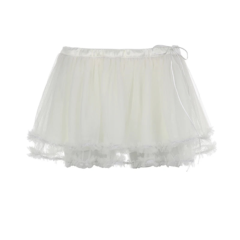 Aiertu Transparent Mesh Pleated Skirt y2k Aesthetic Lace-up Low Waist A-line Mini Skirts Fairycore Coquette Outfits Ladies Chic Aiertu