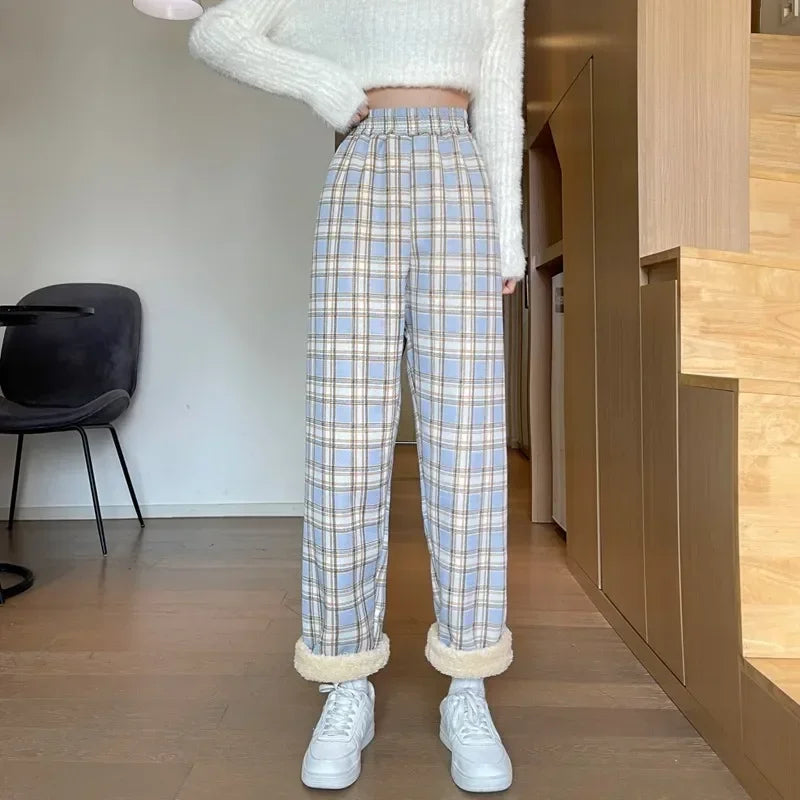 Aiertu Fashion Warm Plush Pants Cashmere Thick Plaid Ladies Winter Casual Loose Wide-legged Pants Korean Streetwear Students Aiertu