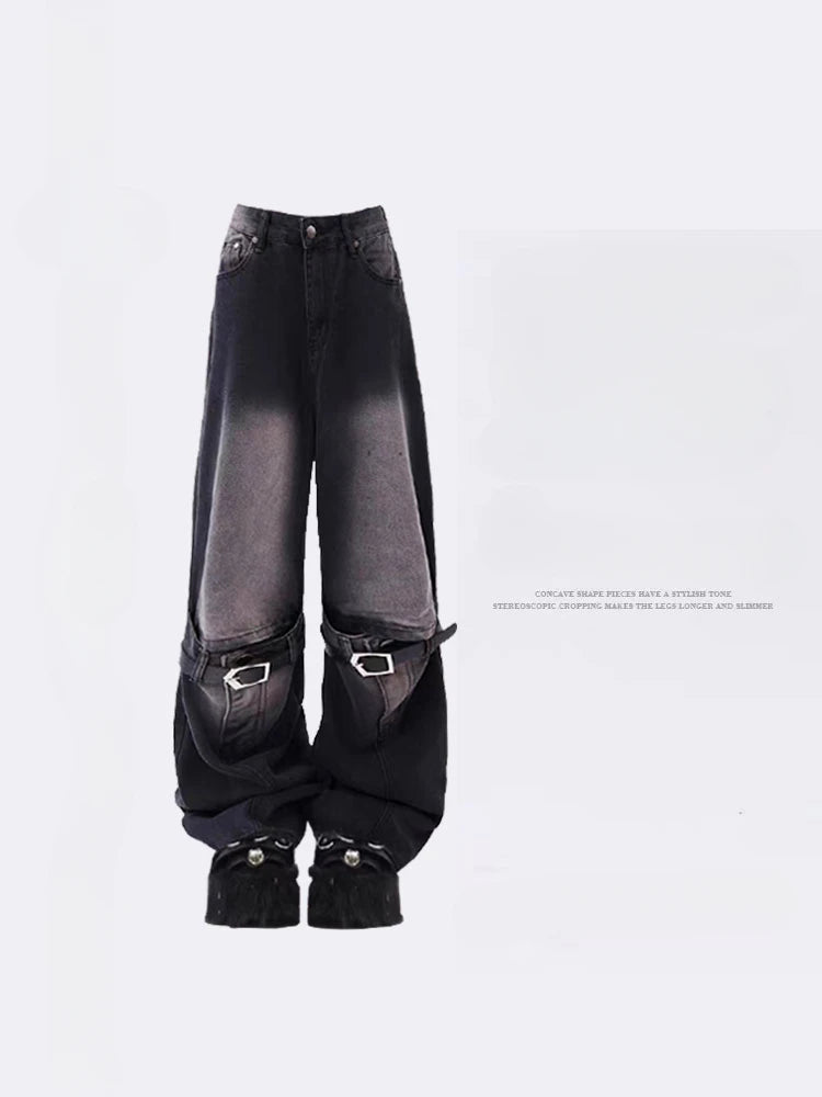 Aiertu 2024 Vintage High Waist Street Style Belted Straight Jeans Gothic Pants Fashion Women's Wide Leg Punk Baggy Y2K Denim Trouser Aiertu