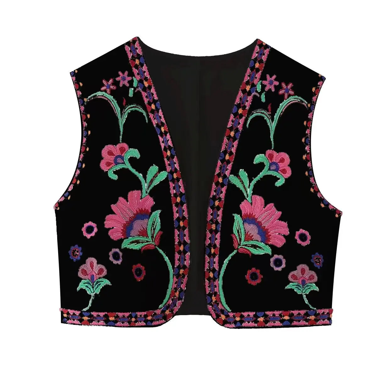 Aiertu Women Vintage Floral Embroidered Open WaistCoat Ladies National Style Vest Jacket Outfits Casual Vacation Crop Top Aiertu