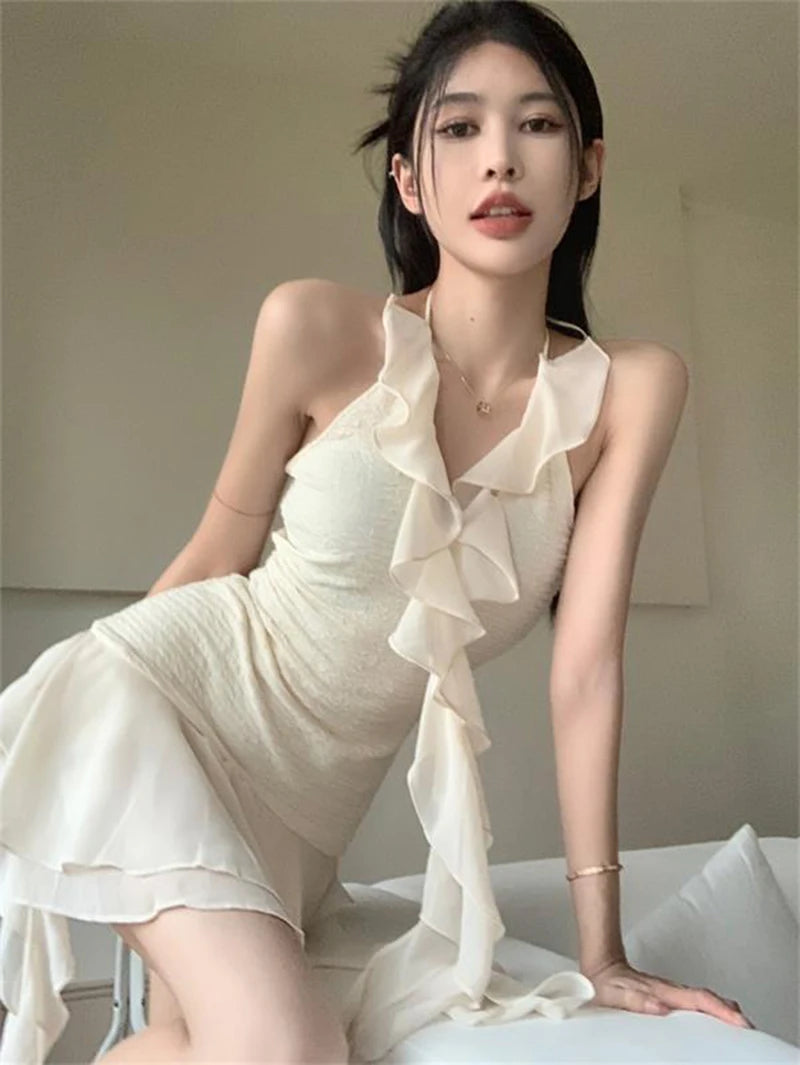 Aiertu French Ruffles Folds Solid Women Dress Fashion High Waist A Line Ladies Mini Dress Summer Sexy Off Shoulder Female Vestidos Aiertu